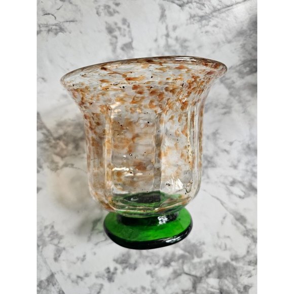 Gorgeous Vintage Blown Art Glass Hurricane Vase/Votive Green Base Tan Splatter - Picture 1 of 12